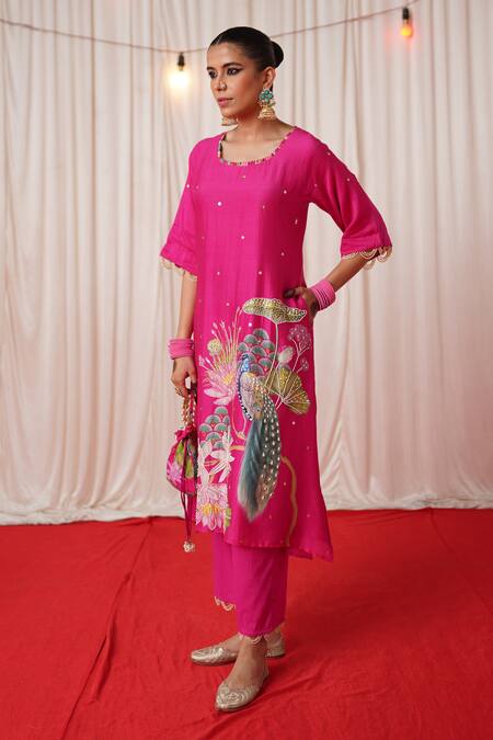 Shop_Chrkha_Pink Chanderi Silk, Cotton Pearls, Sequins Printed Embroidered Kurta Pant Set _Online_at_Aza_Fashions