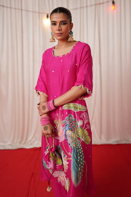 Chrkha_Pink Chanderi Silk, Cotton Pearls, Sequins Printed Embroidered Kurta Pant Set _at_Aza_Fashions