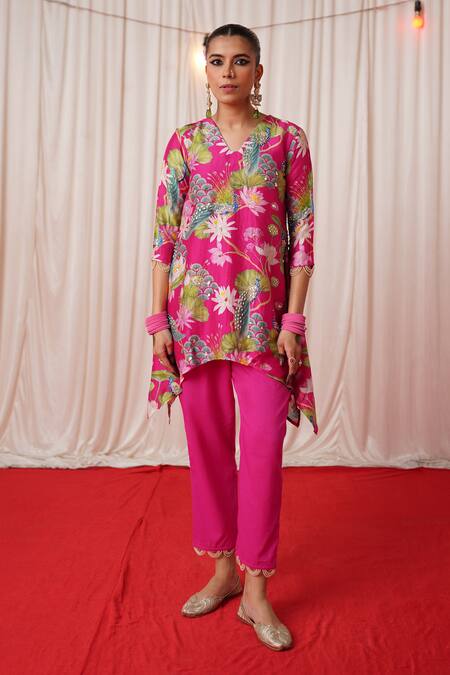 Chrkha_Pink Chanderi Silk, Cotton Pearls, Floral Print Embroidered Kurta And Pant Set _Online_at_Aza_Fashions