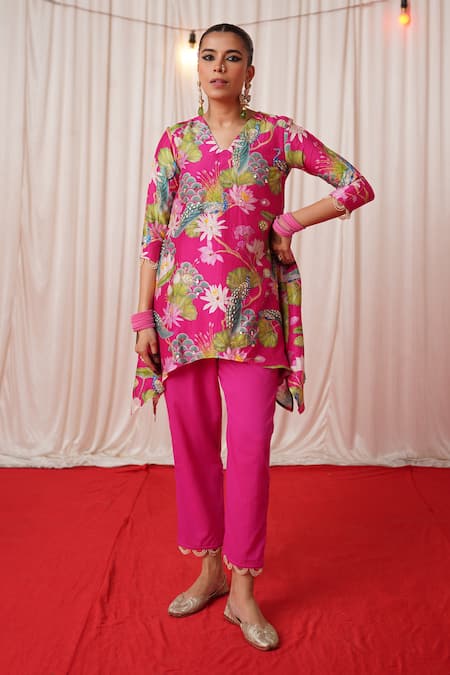 Shop_Chrkha_Pink Chanderi Silk, Cotton Pearls, Floral Print Embroidered Kurta And Pant Set _Online_at_Aza_Fashions