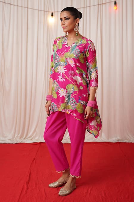 Chrkha_Pink Chanderi Silk, Cotton Pearls, Floral Print Embroidered Kurta And Pant Set _at_Aza_Fashions