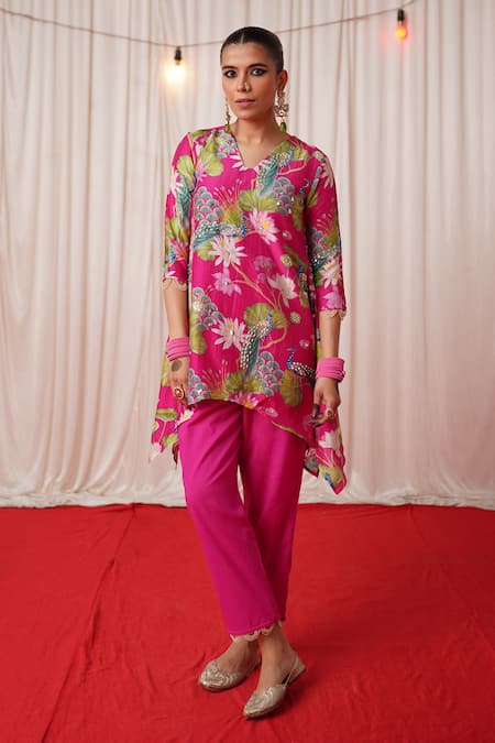 Buy_Chrkha_Pink Chanderi Silk, Cotton Pearls, Floral Print Embroidered Kurta And Pant Set 