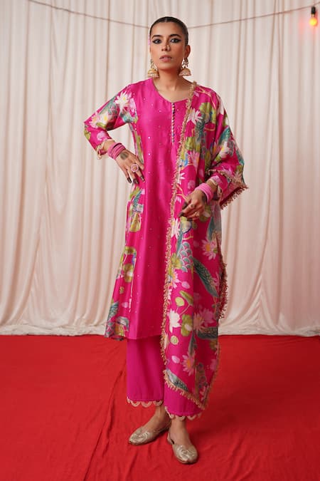 Chrkha Pink Chanderi Silk Printed Floral Side Panelled Pearl Embroidered Kurta Pant Set 