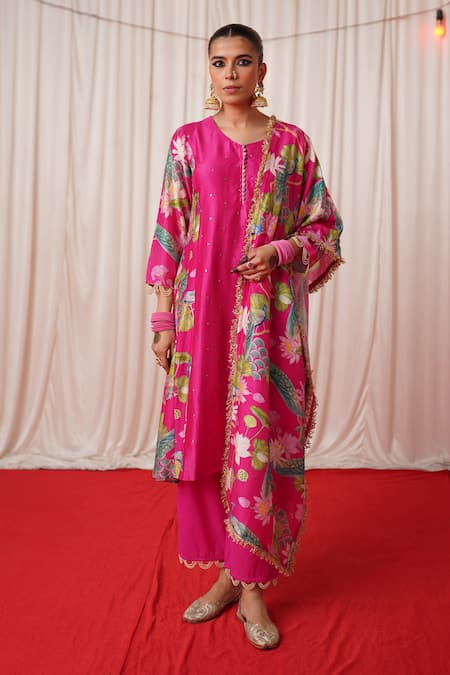 Chrkha_Pink Chanderi Silk, Cotton Printed Side Panelled Embroidered Kurta Pant Set _Online_at_Aza_Fashions
