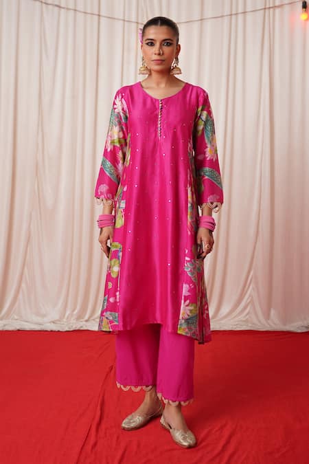 Shop_Chrkha_Pink Chanderi Silk, Cotton Printed Side Panelled Embroidered Kurta Pant Set _Online_at_Aza_Fashions