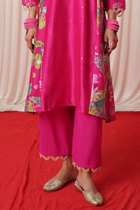 Chrkha_Pink Chanderi Silk, Cotton Printed Side Panelled Embroidered Kurta Pant Set _at_Aza_Fashions