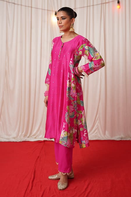 Buy_Chrkha_Pink Chanderi Silk, Cotton Printed Side Panelled Embroidered Kurta Pant Set 