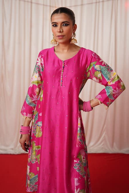 Shop_Chrkha_Pink Chanderi Silk, Cotton Printed Side Panelled Embroidered Kurta Pant Set 