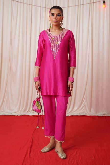 Chrkha_Pink Chanderi Silk, Cotton Pearls, Sequins Round Neck Work Kurta And Pant Set _Online_at_Aza_Fashions