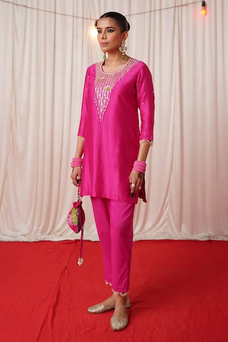Shop_Chrkha_Pink Chanderi Silk, Cotton Pearls, Sequins Round Neck Work Kurta And Pant Set _Online_at_Aza_Fashions