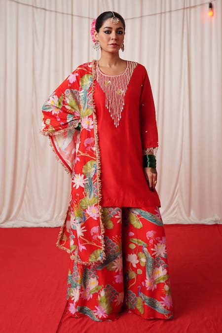 Chrkha Red Chanderi Silk Printed Floral Sequin And Pearl Embroidered Kurta Sharara Set 