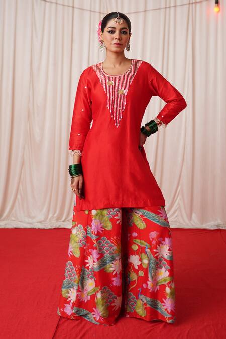 Chrkha_Red Chanderi Silk Pearls, Sequins Round Neck And Embroidered Kurta Sharara Set _Online_at_Aza_Fashions