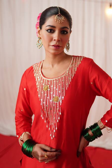 Buy_Chrkha_Red Chanderi Silk Pearls, Sequins Round Neck And Embroidered Kurta Sharara Set _Online_at_Aza_Fashions