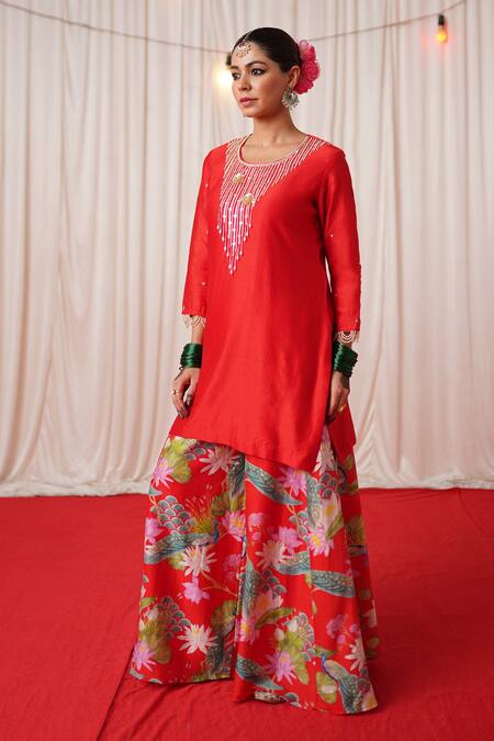 Shop_Chrkha_Red Chanderi Silk Pearls, Sequins Round Neck And Embroidered Kurta Sharara Set _Online_at_Aza_Fashions