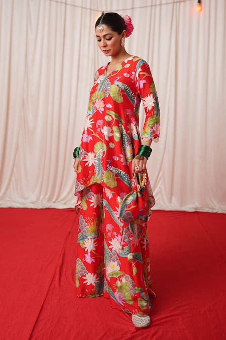 Chrkha_Red Chanderi Silk, Linen Embroidery, Sequins Floral Print Kurta Sharara Set _Online_at_Aza_Fashions