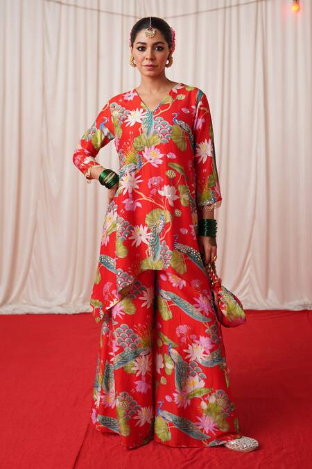 Shop_Chrkha_Red Chanderi Silk, Linen Embroidery, Sequins Floral Print Kurta Sharara Set _Online_at_Aza_Fashions