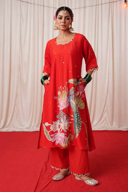 Chrkha_Red Chanderi Silk, Cotton Pearls, Floral Print Oversized Kurta Pant Set _Online_at_Aza_Fashions