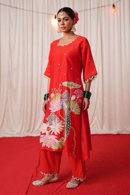 Shop_Chrkha_Red Chanderi Silk, Cotton Pearls, Floral Print Oversized Kurta Pant Set _Online_at_Aza_Fashions