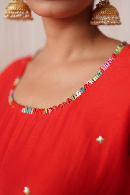 Chrkha_Red Chanderi Silk, Cotton Pearls, Floral Print Oversized Kurta Pant Set _at_Aza_Fashions