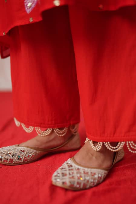 Buy_Chrkha_Red Chanderi Silk, Cotton Pearls, Floral Print Oversized Kurta Pant Set 