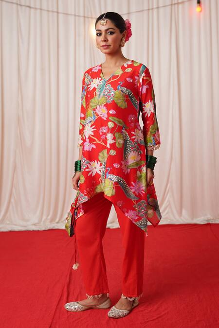 Shop_Chrkha_Red Chanderi Silk, Cotton Pearls, Floral Print Embroidered Kurta And Pant Set _Online_at_Aza_Fashions