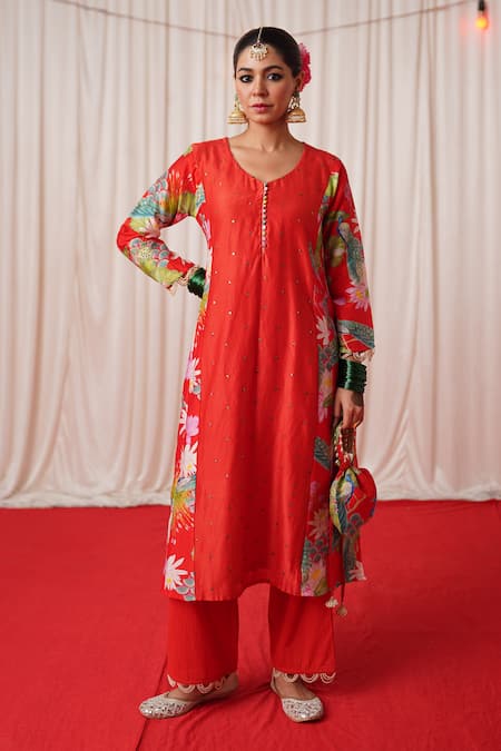 Chrkha_Red Chanderi Silk, Cotton Pearls, Sequins Floral Print Panelled Kurta Pant Set _Online_at_Aza_Fashions