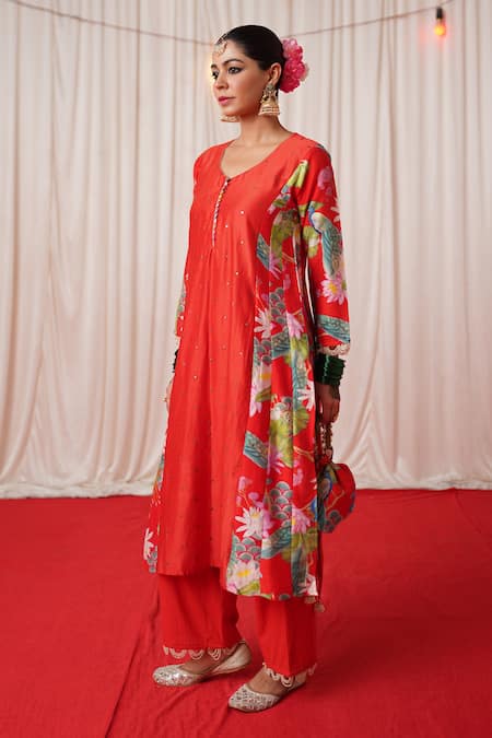Shop_Chrkha_Red Chanderi Silk, Cotton Pearls, Sequins Floral Print Panelled Kurta Pant Set _Online_at_Aza_Fashions