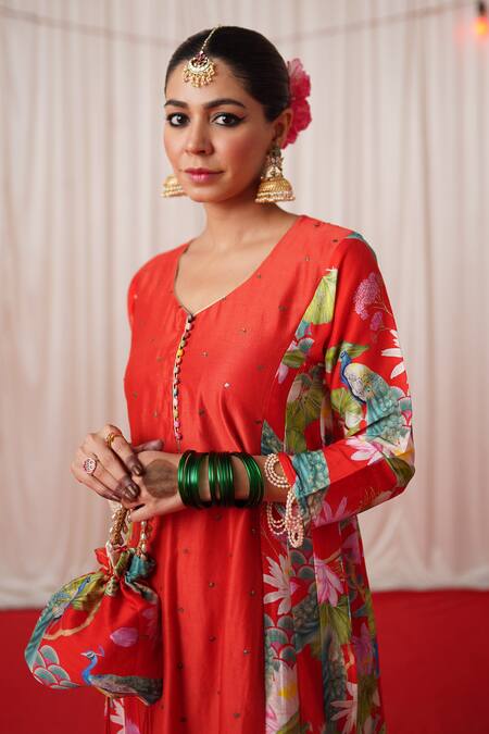 Chrkha_Red Chanderi Silk, Cotton Pearls, Sequins Floral Print Panelled Kurta Pant Set _at_Aza_Fashions