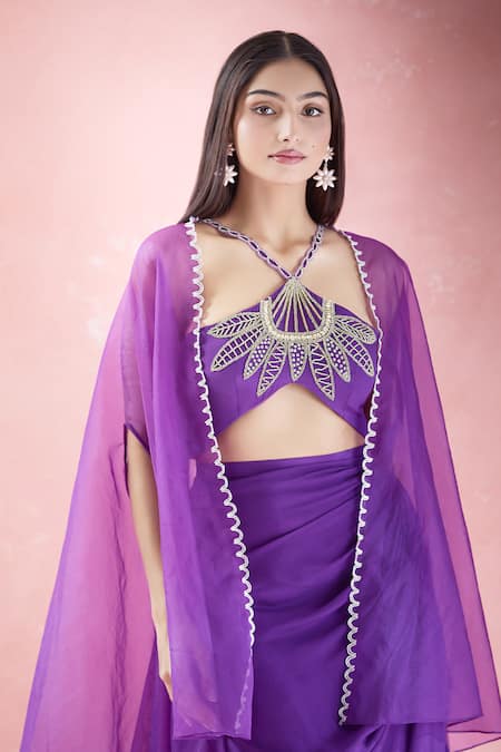 Buy_The Pink Penguin By Charmy_Purple Chinon Embroidery Floral Beads Asymmetric Cape And Draped Skirt Set For Kids_Online_at_Aza_Fashions