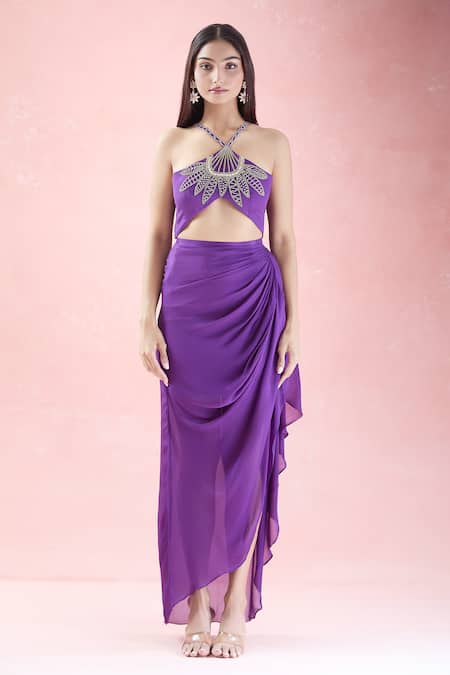 Shop_The Pink Penguin By Charmy_Purple Chinon Embroidery Floral Beads Asymmetric Cape And Draped Skirt Set For Kids_Online_at_Aza_Fashions