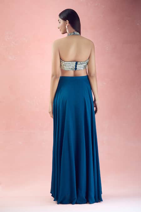 The Pink Penguin By Charmy Metallic Embroidered Halter Neck Choli With Lehenga For Kids