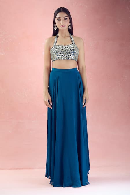 Buy_The Pink Penguin By Charmy_Blue Chinon Embroidery Beads Metallic Halter Neck Choli With Lehenga For Kids