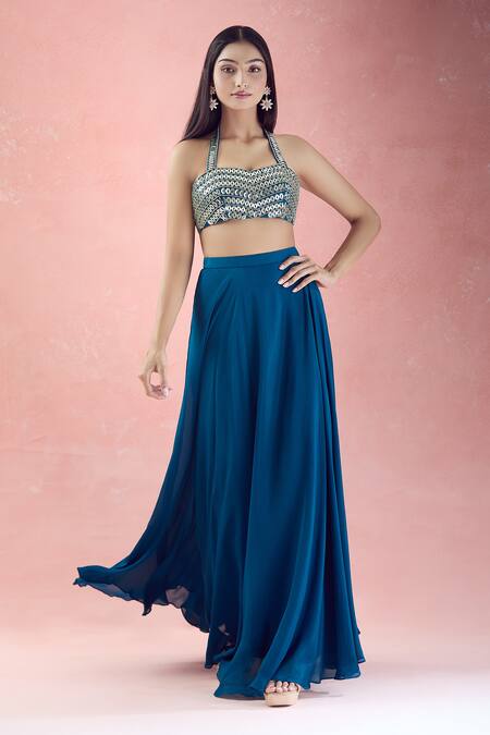 Shop_The Pink Penguin By Charmy_Blue Chinon Embroidery Beads Metallic Halter Neck Choli With Lehenga For Kids