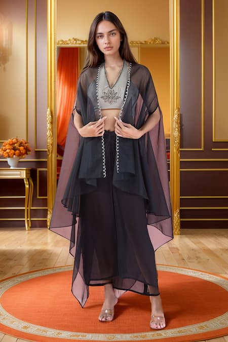 The Pink Penguin by Charmy Lotus Embroidered Asymmetric Cape & Draped Skirt Set 