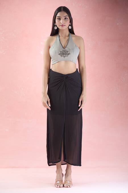 Buy_The Pink Penguin By Charmy_Black Chinon Embroidery Lotus Asymmetric Cape And Draped Skirt Set For Kids_Online_at_Aza_Fashions