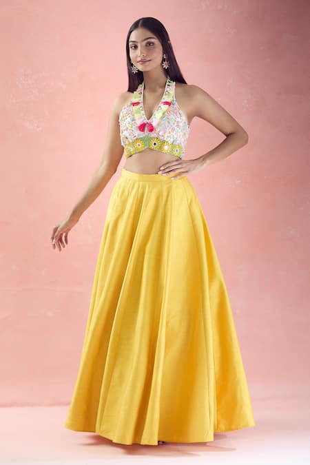 Buy_The Pink Penguin By Charmy_White Raw Silk Embroidery Thread Sea Shell Halter Neck Choli With Lehenga For Kids_Online_at_Aza_Fashions