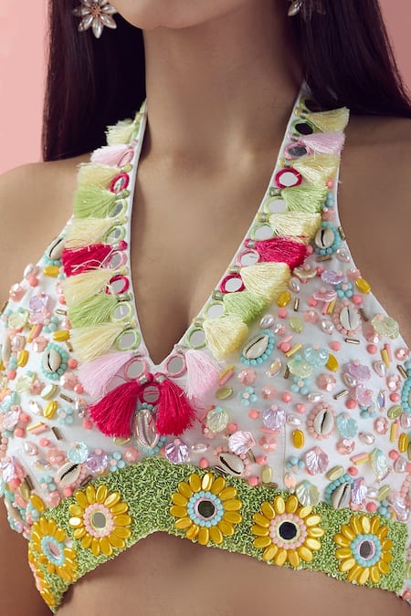 Shop_The Pink Penguin By Charmy_White Raw Silk Embroidery Thread Sea Shell Halter Neck Choli With Lehenga For Kids_Online_at_Aza_Fashions