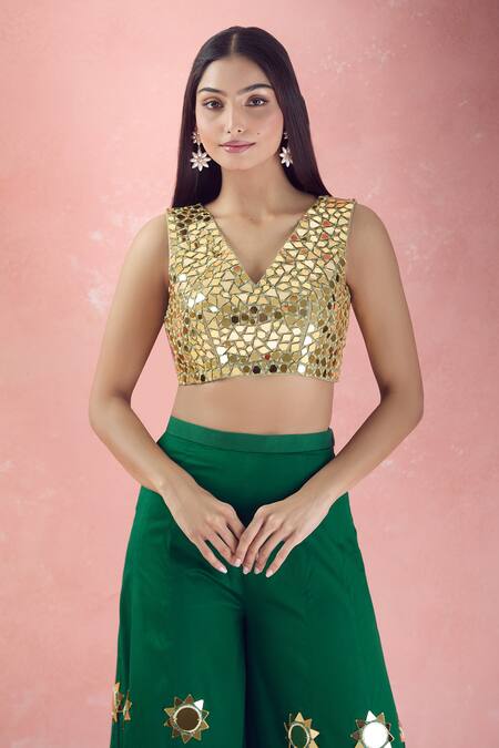 Buy_The Pink Penguin By Charmy_Green Organza Embroidery Sun V-neck Mirror Blouse With Pant _Online_at_Aza_Fashions