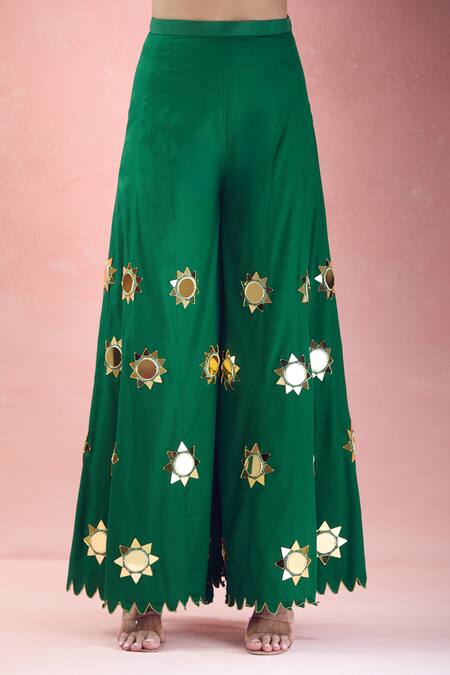 Shop_The Pink Penguin By Charmy_Green Organza Embroidery Sun V-neck Mirror Blouse With Pant _Online_at_Aza_Fashions