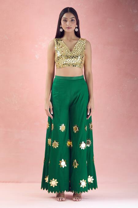 The Pink Penguin By Charmy_Green Organza Embroidery Sun V-neck Mirror Blouse With Pant _at_Aza_Fashions