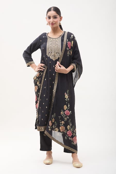 Samyukta Singhania Black Denim, Satin, Chiffon Sequins, Zardozi Embellished Kurta Pant Set at Aza Fashions Samyukta Singhania_Black Denim, Satin, Chiffon Sequins, Zardozi Embellished Kurta Pant Set _at_Aza_Fashions