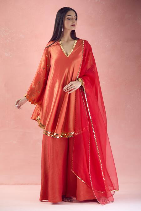 Buy_The Pink Penguin By Charmy_Red Silk, Organza Mirrors, Embroidery Chand Asymmetric Kurta And Palazzo Set _Online_at_Aza_Fashions