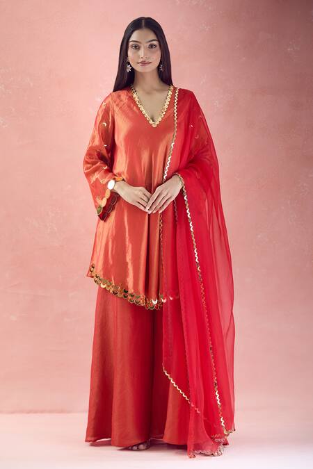 Shop_The Pink Penguin By Charmy_Red Silk, Organza Mirrors, Embroidery Chand Asymmetric Kurta And Palazzo Set _Online_at_Aza_Fashions