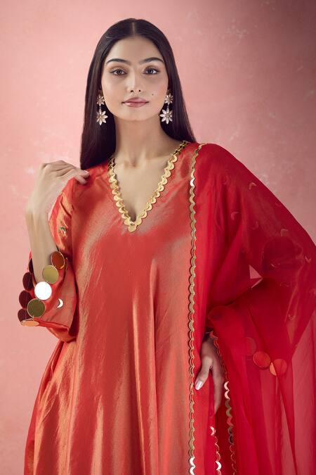 The Pink Penguin By Charmy_Red Silk, Organza Mirrors, Embroidery Chand Asymmetric Kurta And Palazzo Set _at_Aza_Fashions