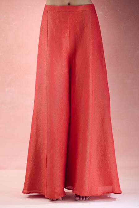 Buy_The Pink Penguin By Charmy_Red Silk, Organza Mirrors, Embroidery Chand Asymmetric Kurta And Palazzo Set 