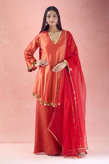Shop_The Pink Penguin By Charmy_Red Silk, Organza Mirrors, Embroidery Chand Asymmetric Kurta And Palazzo Set 