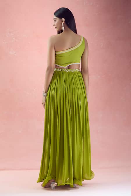 The Pink Penguin By Charmy Heart Embroidered One Shoulder Choli With Lehenga 