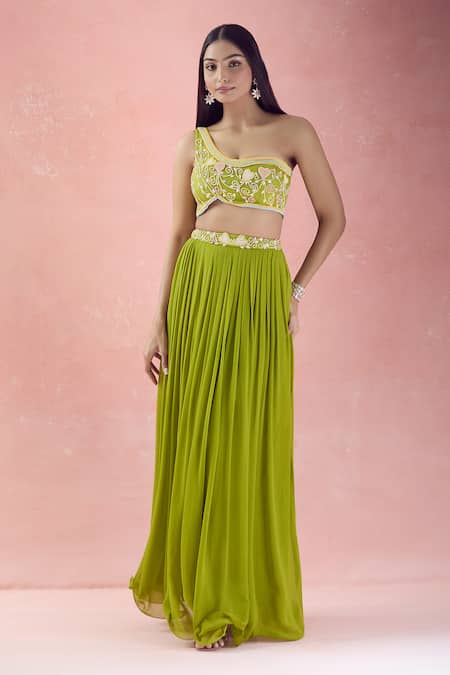 Buy_The Pink Penguin By Charmy_Green Net Embroidery Stones Heart One Shoulder Choli With Lehenga For Kids_Online_at_Aza_Fashions