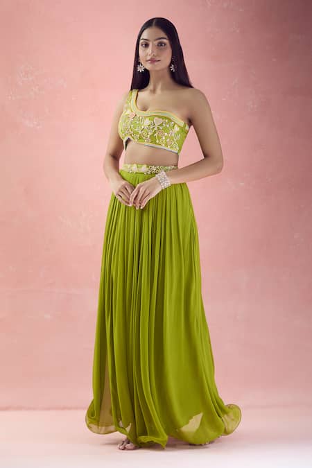 Shop_The Pink Penguin By Charmy_Green Net Embroidery Stones Heart One Shoulder Choli With Lehenga For Kids_Online_at_Aza_Fashions