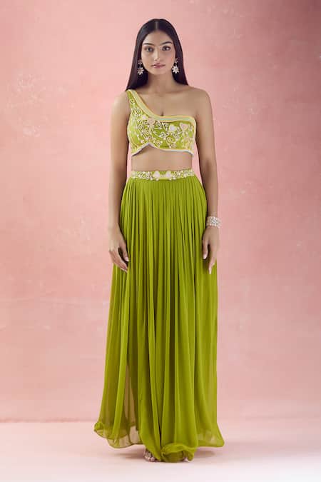 The Pink Penguin By Charmy_Green Net Embroidery Stones Heart One Shoulder Choli With Lehenga For Kids_at_Aza_Fashions